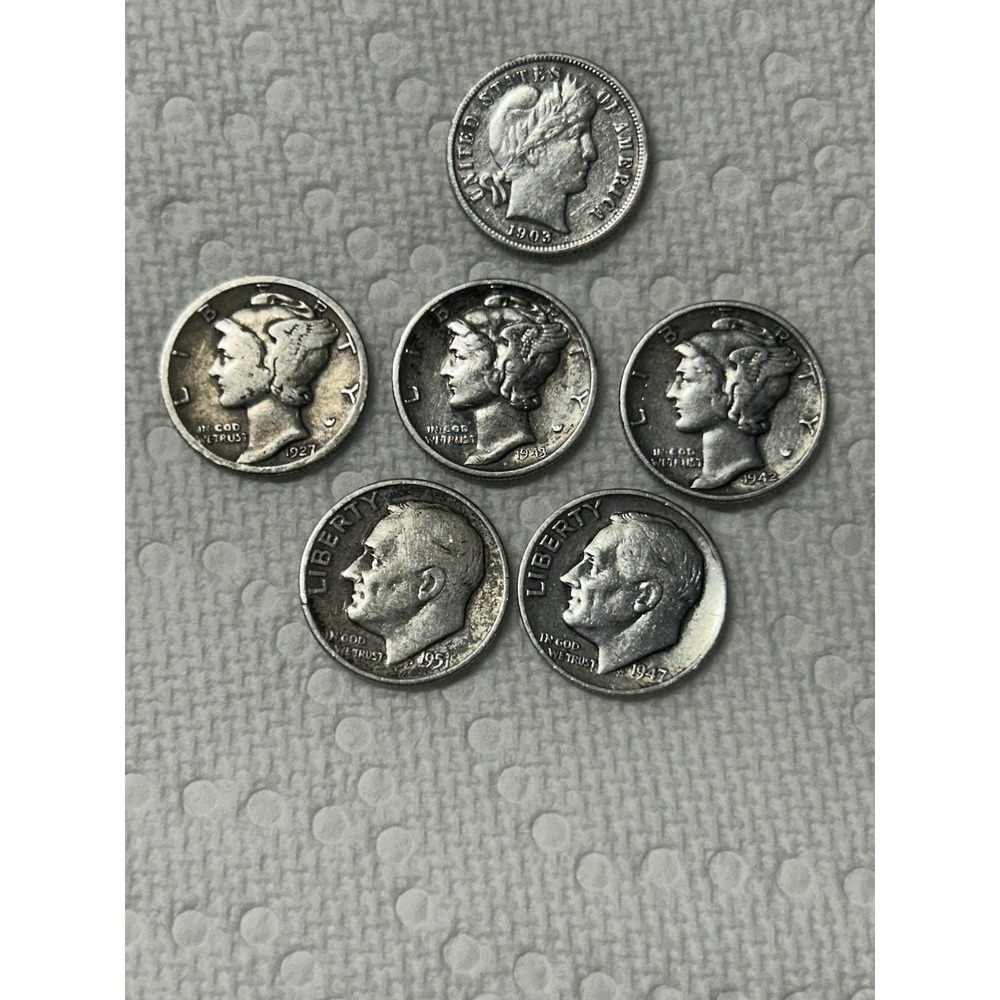 Silver Coins US Barber Mercury Roosevelt Dime Lot Of 6 1903 42 43 47 51